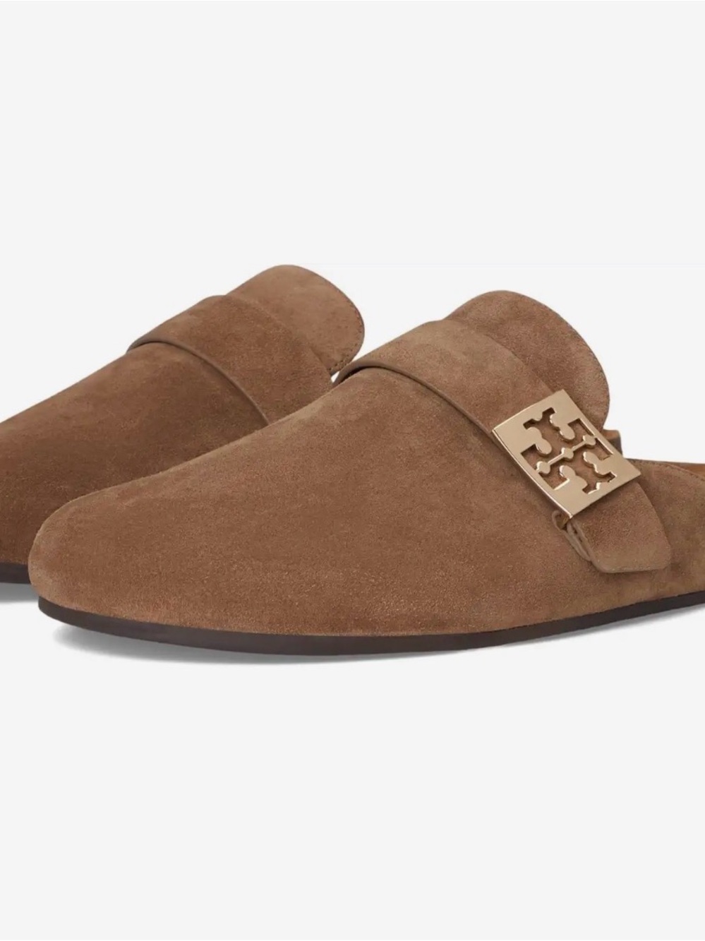Tory Burch Tan Suede Slip-On Mules with Gold Logo